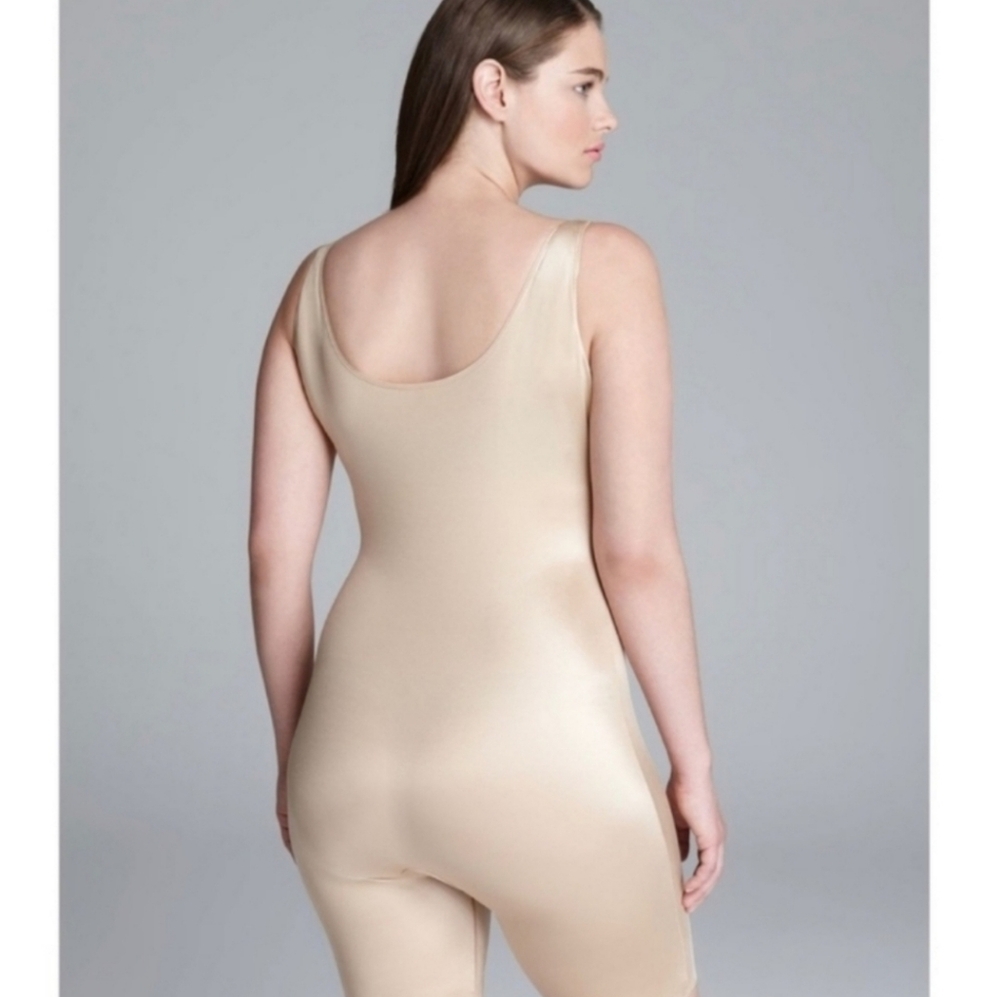 Spanx Slimplicity Open Bust Mid Thigh Bodysuit Shapewear Satin Nude Size Large